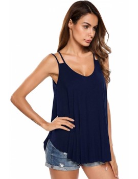 Casual Scoop Neck Plain Cut Out Pleated Loose Tank Top Navy Blue