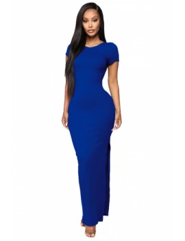 Backless Plain Maxi Dress Blue