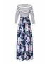 3/4 Sleeve Flower Print Side Pocket Striped Maxi Dress Navy Blue