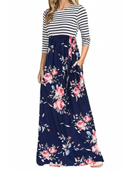 3/4 Sleeve Flower Print Side Pocket Striped Maxi Dress Blue