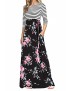 3/4 Sleeve Flower Print Side Pocket Striped Maxi Dress Black