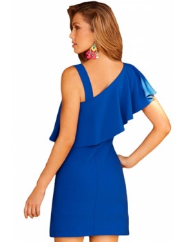 Elegant Sleeveless One Shoulder Ruffle Plain Mini Dress Blue