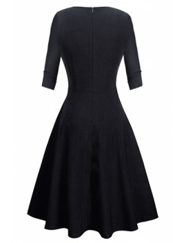 Half Sleeve Plain A-Line Lace Midi Flared Dress Black