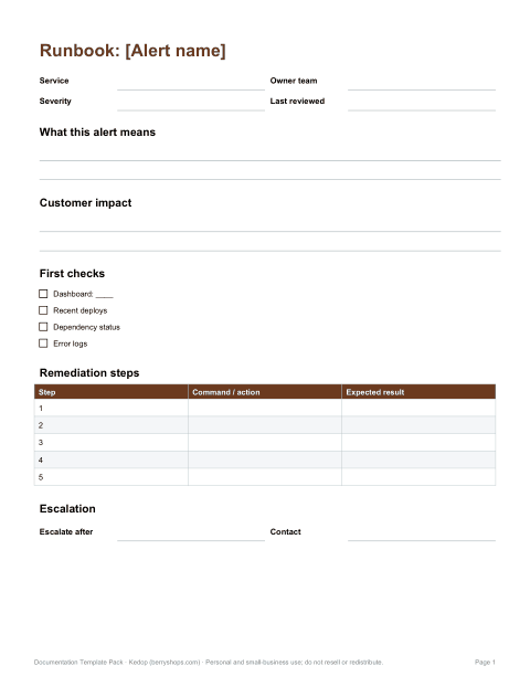 Preview of the first page of Runbook template (DOCX)