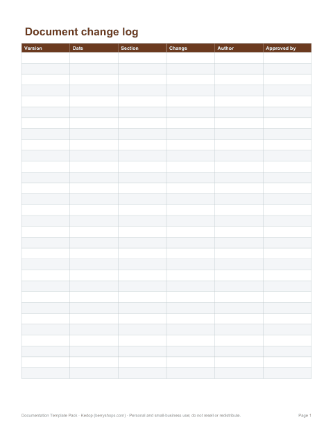 Preview of the first page of Change log (XLSX)